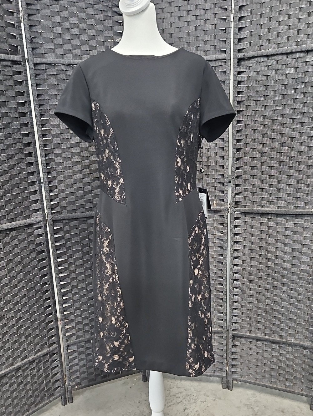 NWT Size 12 Black/Nude Short Sleeve Lace/Jersey Adrianna Papell Cocktail